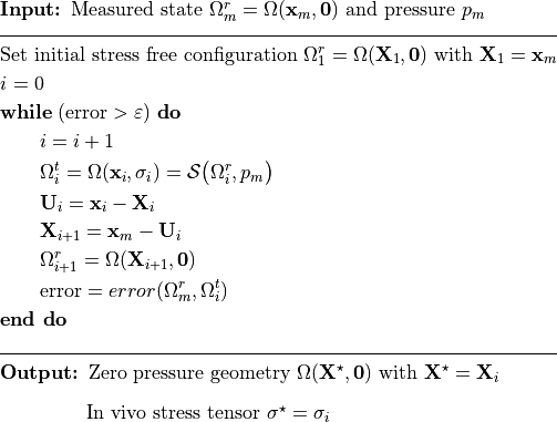 \intertext{\textbf{Input:} Measured state $\Omega_m^r = \Omega(\mathbf{x}_m, \mathbf{0})$ and pressure $p_m$} \\[-1.2cm]
& \line(1,0){330} \\[-0.5cm]
\intertext{Set initial stress free configuration $\Omega_1^r = \Omega(\mathbf{X}_1, \mathbf{0})$ with $\mathbf{X}_1 = \mathbf{x}_m$} \\[-1cm]
& i = 0 \\
& \textbf{while} \; (\text{error} > \varepsilon) \; \textbf{do}  \\
& \qquad i = i + 1 \\
& \qquad \Omega_i^t = \Omega(\mathbf{x}_i, \mathbf{\sigma}_i) =  \mathcal{S}\big(\Omega_i^r, p_m\big) \\
& \qquad \mathbf{U}_i = \mathbf{x}_i - \mathbf{X}_i \\
& \qquad \mathbf{X}_{i+1} = \mathbf{x}_m - \mathbf{U}_i \\
& \qquad \Omega_{i+1}^r = \Omega(\mathbf{X}_{i+1}, \mathbf{0}) \\
& \qquad \text{error} = error(\Omega_m^r, \Omega_i^t) \\
& \textbf{end do} \\
& \line(1,0){330} \\[-0.5cm]
\intertext{\textbf{Output:} Zero pressure geometry $\Omega(\mathbf{X}^{\star}, \mathbf{0})$ with $\mathbf{X}^{\star} = \mathbf{X}_i$} \\[-1.2cm]
\intertext{\phantom{\textbf{Output:}} In vivo stress tensor $\mathbf{\sigma}^{\star} = \mathbf{\sigma}_i$ } \\[-1.2cm]